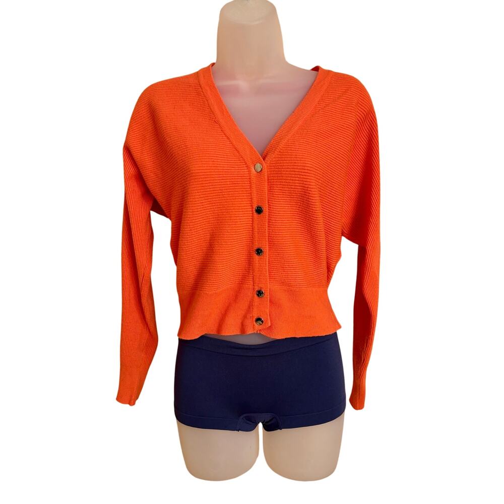 Tahari vibrant orange button up v neck cropped cardigan sweater top sz XSmall